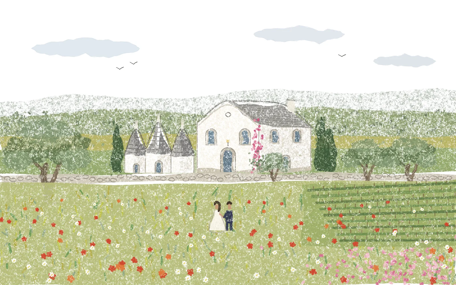 An oil-pastel sketch of Masseria Pistola: the gabled farmhouse, its three trulli, olive trees and vineyards, with the two of us walking through a field of poppies